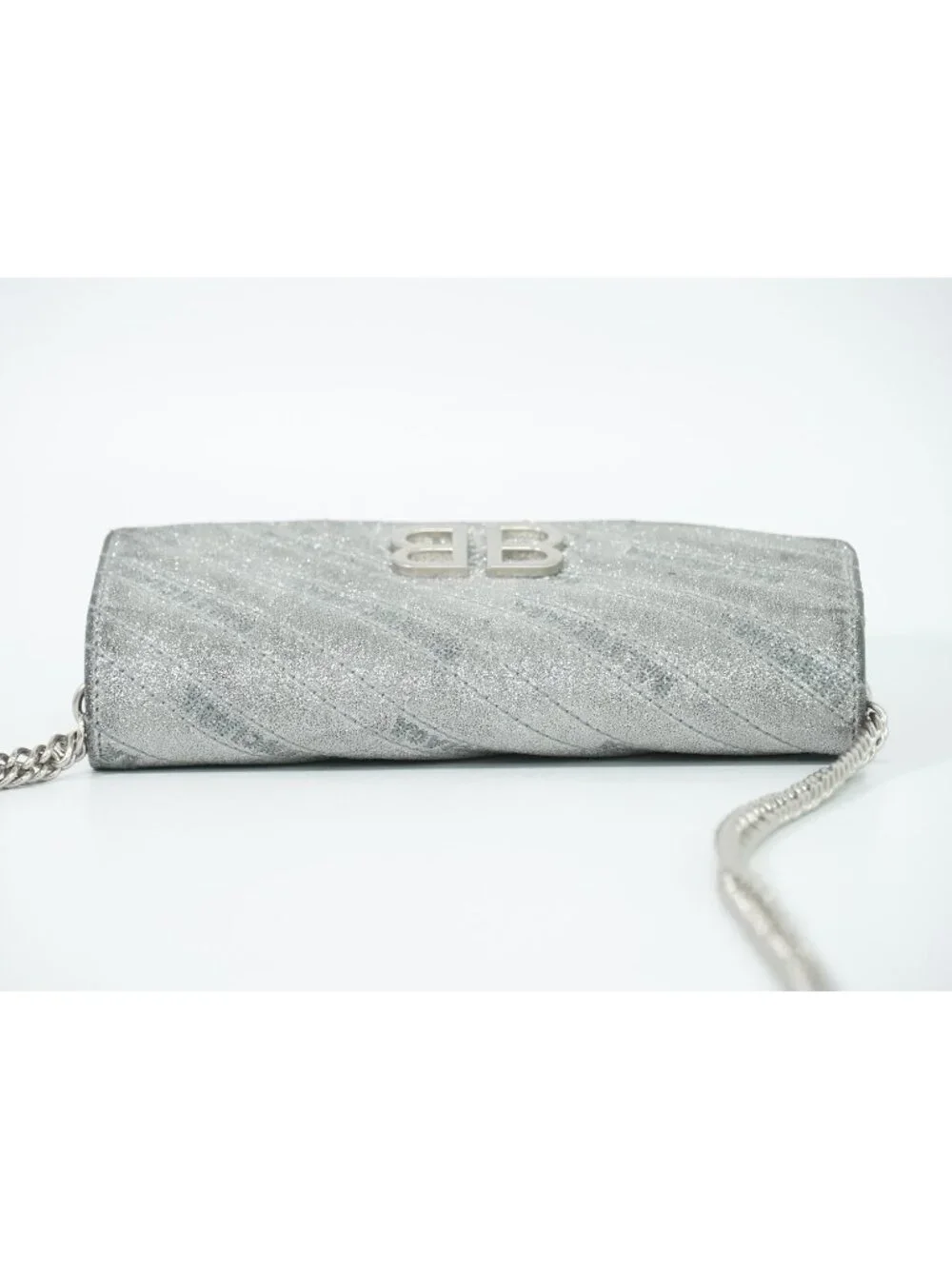Balenciaga BB 2-Way Chain Wallet on Clutch Leather Silver Glitter